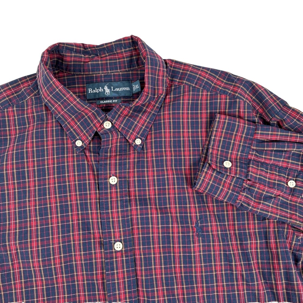 Mens Ralph Lauren Long Sleeve Button Down Shirt Size XL Red Blue Plaid Cotton